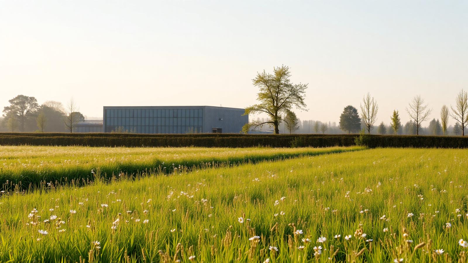 Bloemrijke akkerrand en houtkant met een bedrijfsgebouw aan de horizon