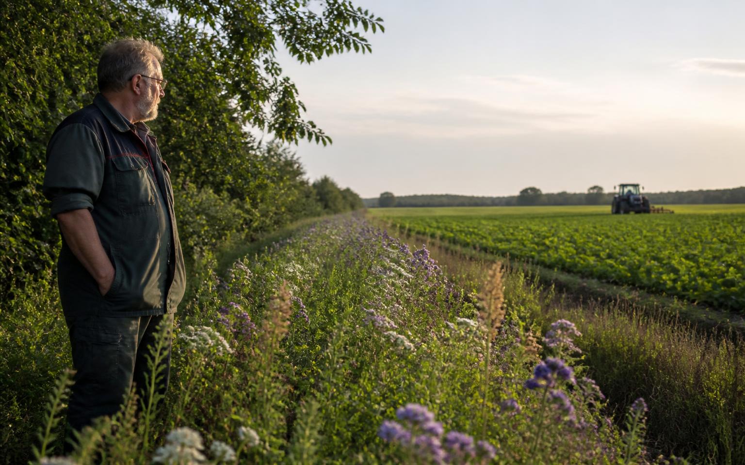 Landbouwer aan een bloemrijke akkerrand met houtkant