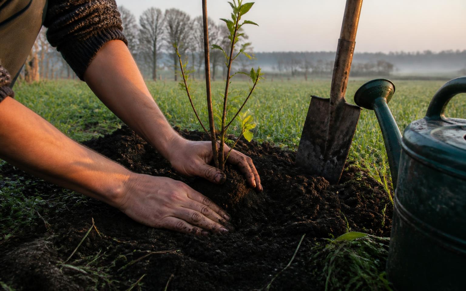 Handen die een jonge haagplant in de aarde zetten