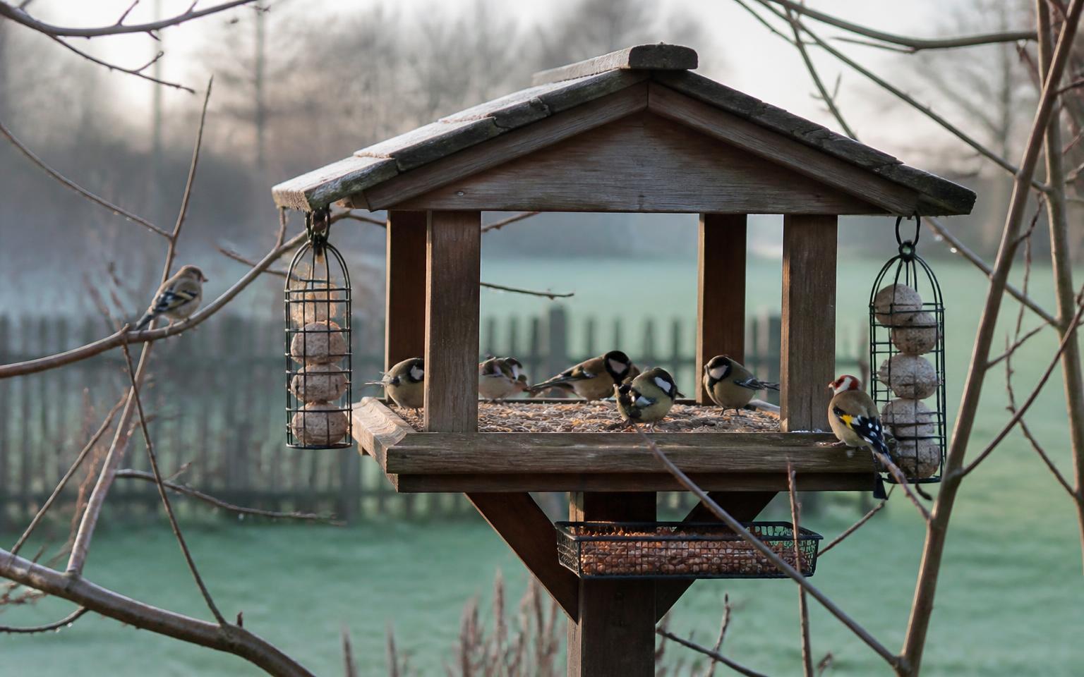 Vogelvoederhuisje met mezen en een putter in de winter